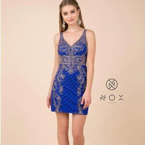 May Queen Couture USA Womens Blue Gold Applique Mini Formal Dress Size 8 NWT
